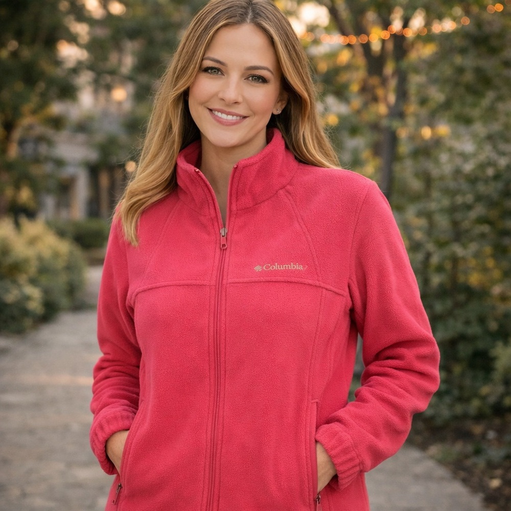 Columbia Jacket Women Medium Pink Full Zip Fleece Hiking Preppy Casual Outdoors